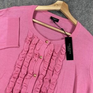 Talbots Sweater Womens 2X Pink Ruffle Front Cardigan 3/4 Sleeve Cotton Rayon